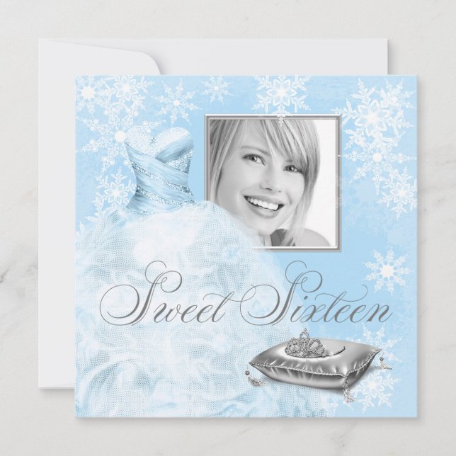 Invitation Winter Blue Snowflake Photo Sweet sixteen Party (Devant)