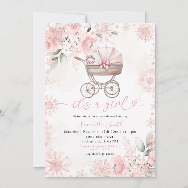 Invitation Winter Blush Floral Baby Carriage Baby Shower (Devant)