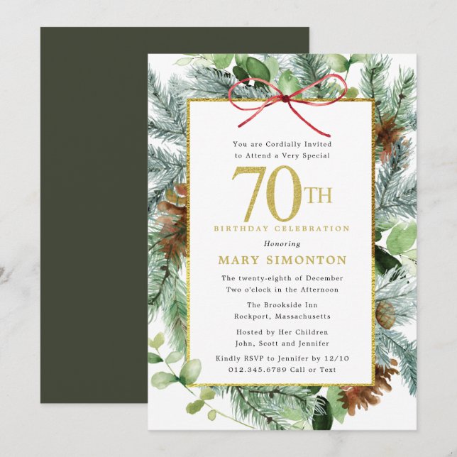 Invitation Winter Botanical Floral Gold 70e fête d'anniversai (Devant / Derrière)