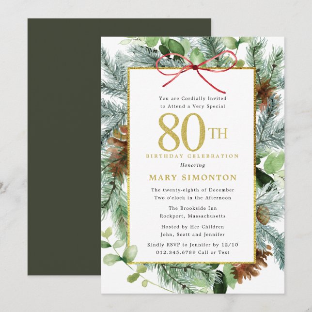 Invitation Winter Botanical Floral Gold 80e fête d'anniversai (Devant / Derrière)