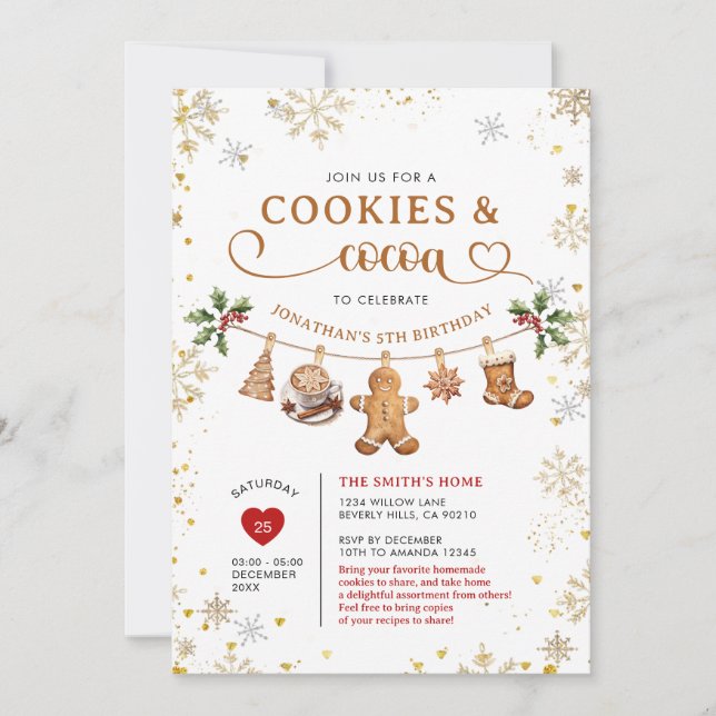 Invitation Winter Cookies & Cocoa Birthday Gold Snowflakes (Devant)