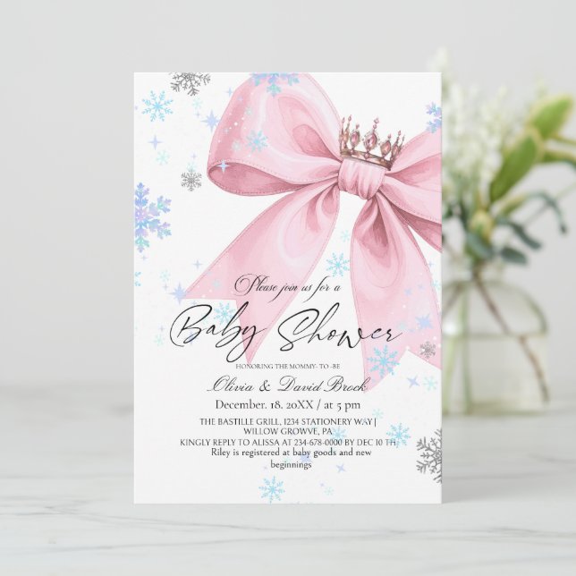Invitation Winter Elegant Pink Bow Baby Shower (Debout devant)