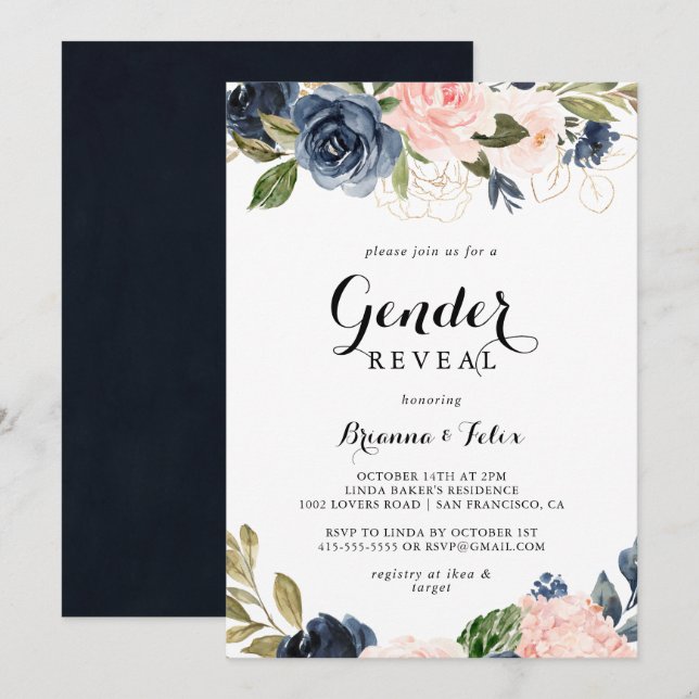 Invitation Winter Floral Calligraphie Genre Revevela Party (Devant / Derrière)