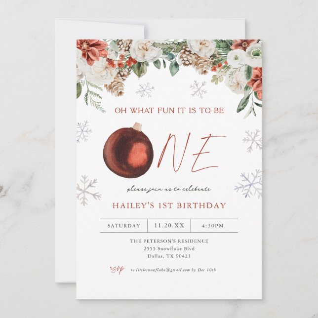 Invitation Winter Floral Oh What Fun Girl 1er anniversaire fê (Devant)