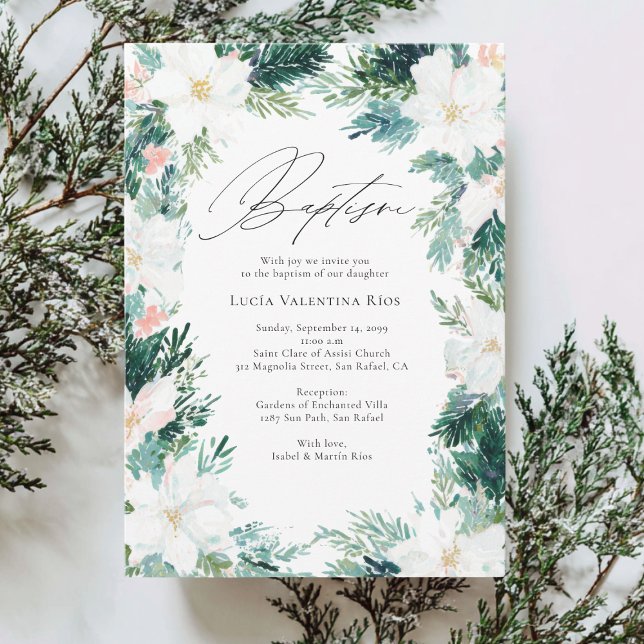 Invitation Winter Flowers Elegant Wreath Poinsettia Baptism (Créateur téléchargé)