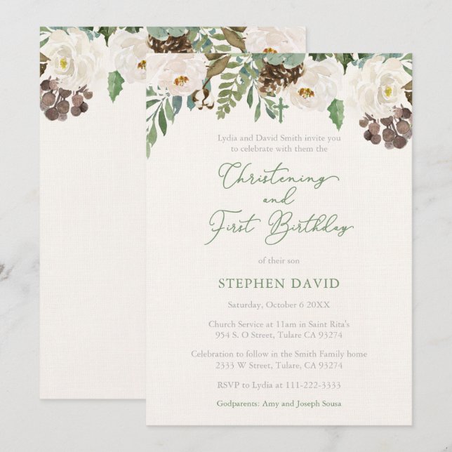 Invitation Winter Foliing Boy Christening 1er Anniversaire (Devant / Derrière)