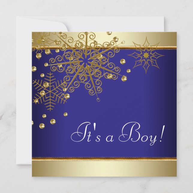 Invitation Winter Gold Blue Snowflakes Baby Boy Shower (Devant)