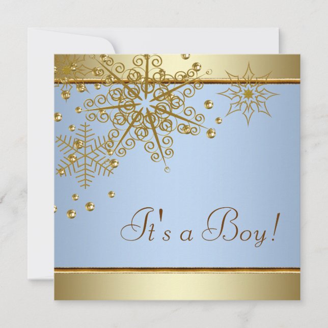 Invitation Winter Gold Blue Snowflakes Baby Boy Shower (Devant)