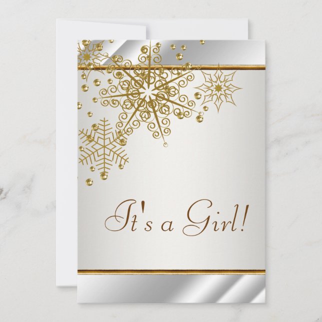 Invitation Winter Gold White Snowflakes Baby Girl Douche (Devant)