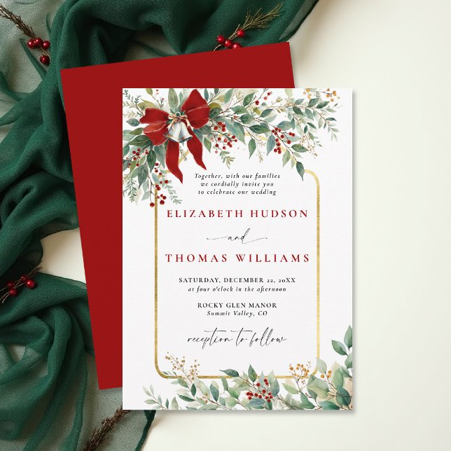 Invitation Winter Greenery Red Bow Bells Rustic Frame Wedding (christmas wedding invitation card template design winter greenery botanical rustic chic frame)