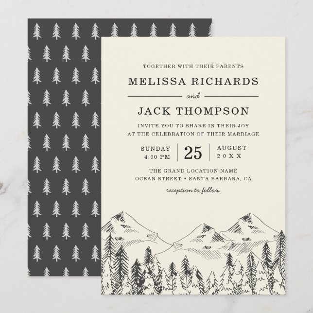 Invitation Winter Mountain Pine Tree Forest Mariage rustique (Devant / Derrière)