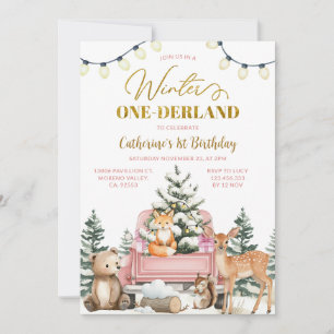 Invitation Winter ONE-derland Camion Rose Animaux 1er Anniver