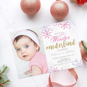 Invitation Winter Onederland 1er anniversaire bébé fille rose