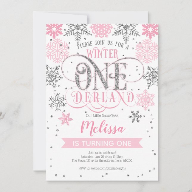 Invitation Winter Onederland 1st birthday, Pink silver (Devant)