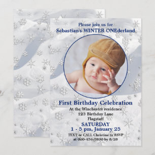 Invitation Winter ONEderland Bleu Premier Anniversaire Flocon