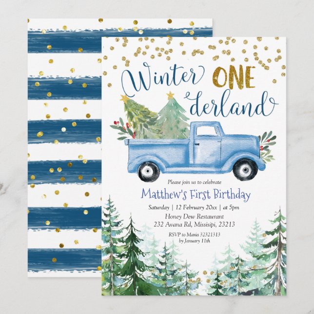 Invitation Winter Onederland Blue Christmas Truck Anniversair (Devant / Derrière)