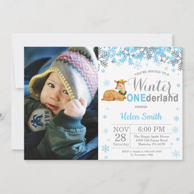 Invitation Winter Onederland Deer Boy 1er Anniversaire Photo (Devant)