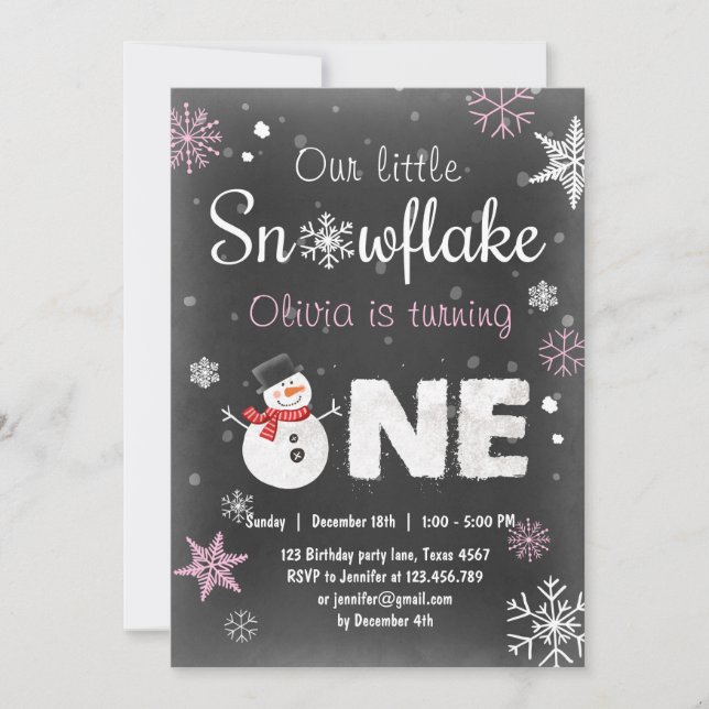 Invitation Winter Onederland fête d'anniversaire snowman Pink (Devant)