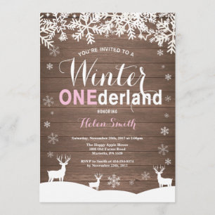 Invitation Winter Onederland Fille Bois Rustique 1er Annivers