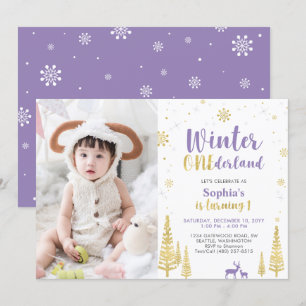 Invitation Winter Onederland, Fille Violet 1ère Photo Anniver