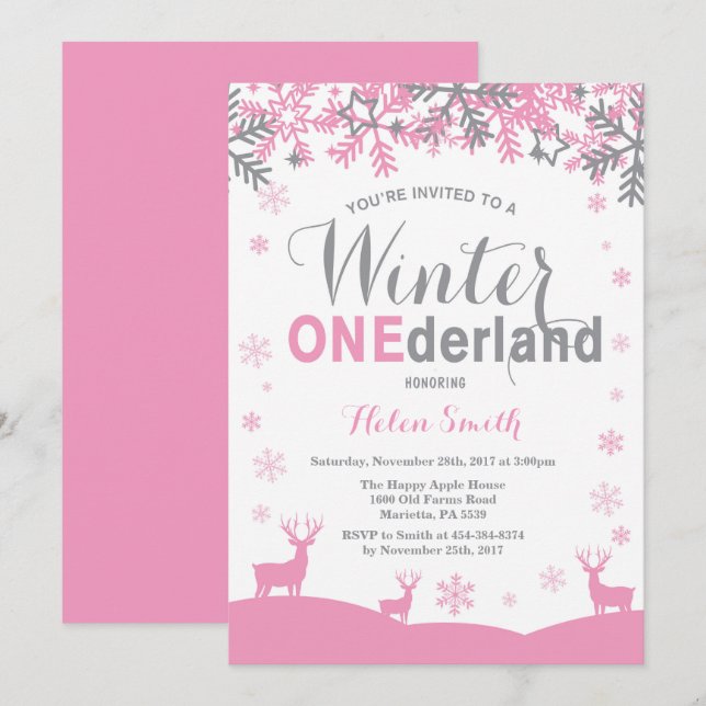 Invitation Winter Onederland Flamme de neige fille 1er annive (Devant / Derrière)