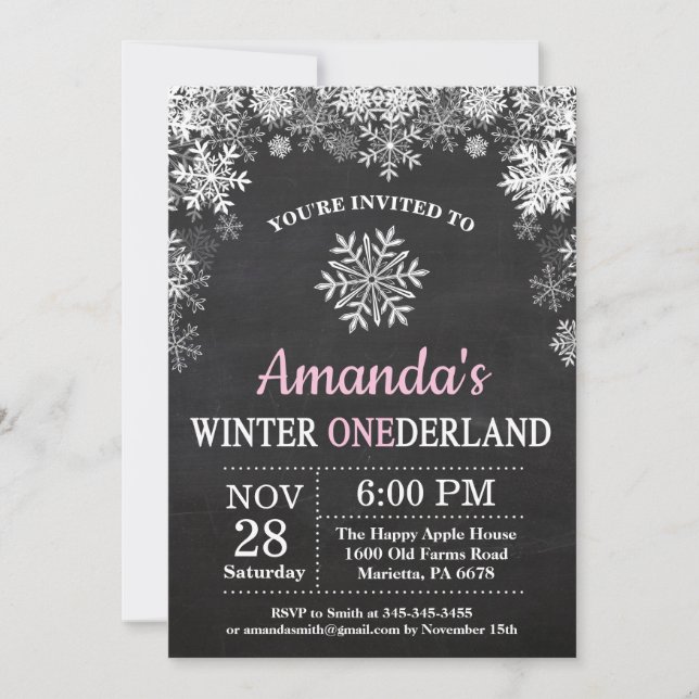 Invitation Winter Onederland Flocon de neige rose fille 1er a (Devant)