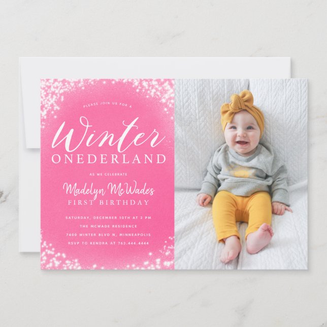 Invitation Winter Onederland Girl 1er anniversaire de fête ph (Devant)