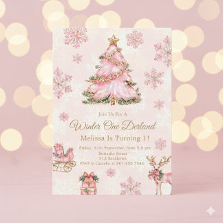 Invitation Winter Onederland Girl 1st Birthday Pink Snowflake