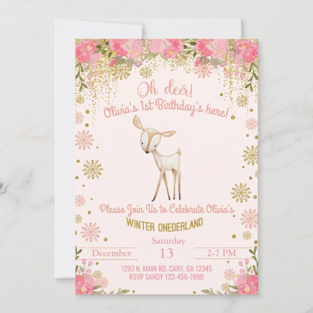 Invitation Winter Onederland girl 1st first birthday invite. (Devant)