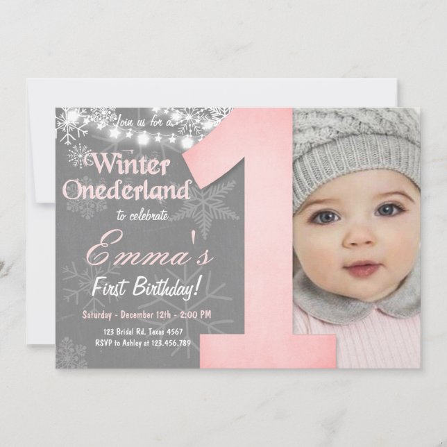 Invitation Winter Onederland Girl Grey Snowflake Anniversaire (Devant)