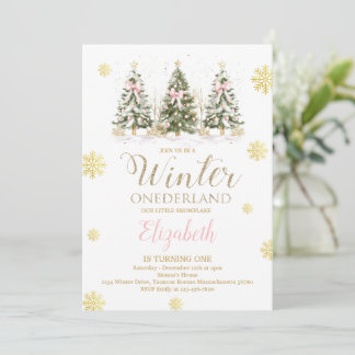 Invitation WINTER ONEderland Pink & Faux Gold 1st Birthday I