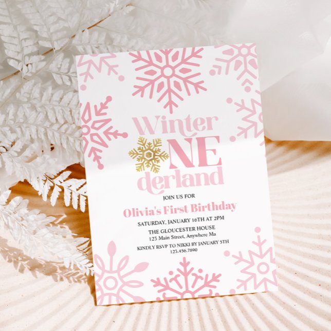 Invitation Winter Onederland Pink Gold Snowflake 1er annivers (Créateur téléchargé)