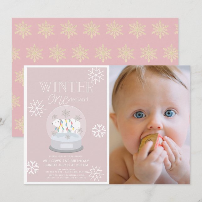 Invitation Winter Onederland Pink Photo 1er anniversaire (Devant / Derrière)