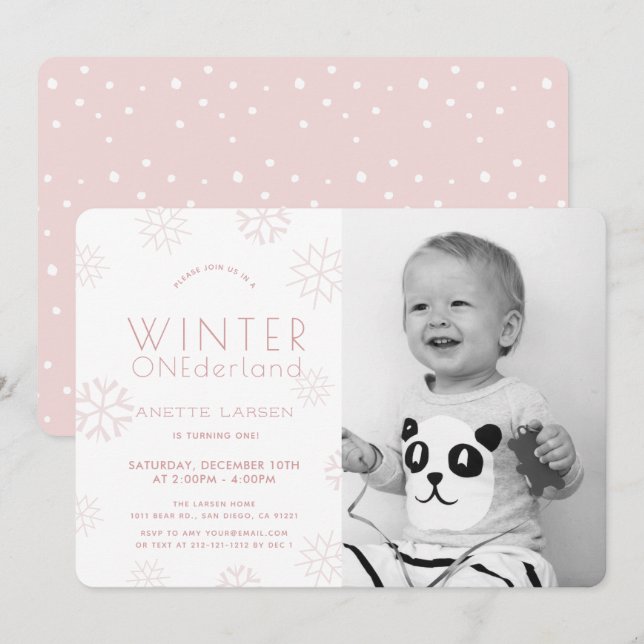 Invitation Winter Onederland Pink Photo 1er anniversaire (Devant / Derrière)