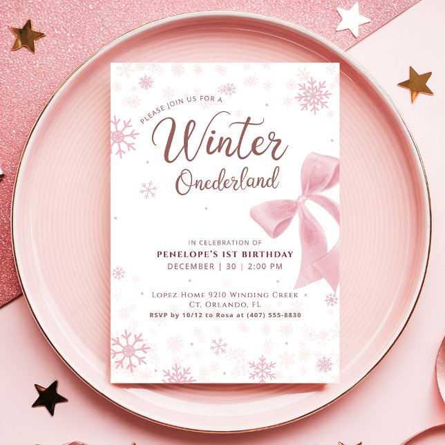 Invitation Winter Onederland Pink Snowflake Bow 1st Birthday (Créateur téléchargé)