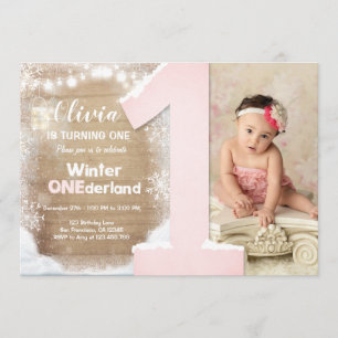 Invitation Winter Onederland Pink Snowflake Girl 1er annivers