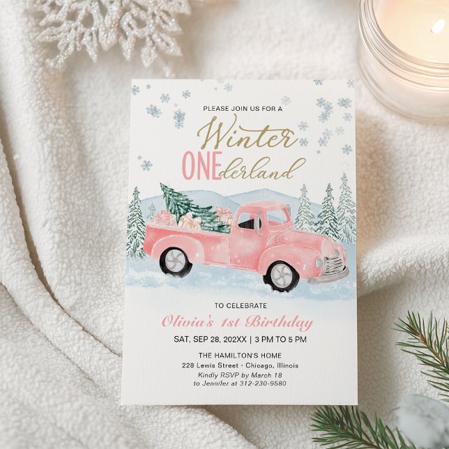 Invitation Winter Onederland Pink Truck First Birthday (Créateur téléchargé)