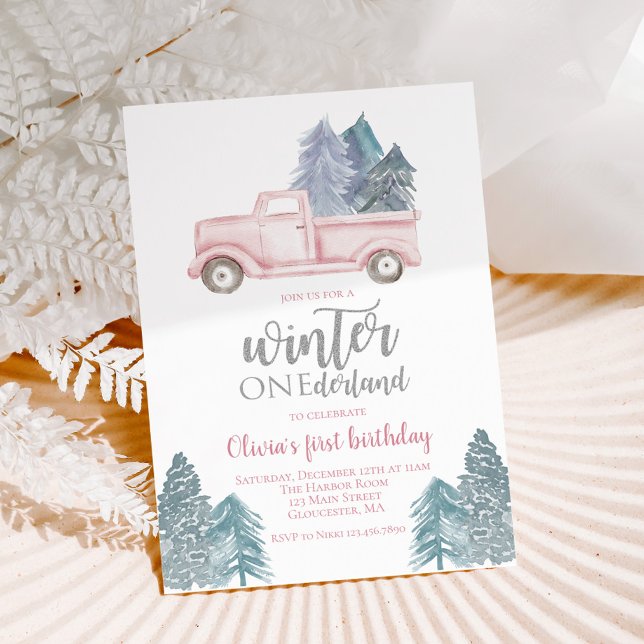 Invitation Winter Onederland Premier anniversaire camion rose (Créateur téléchargé)
