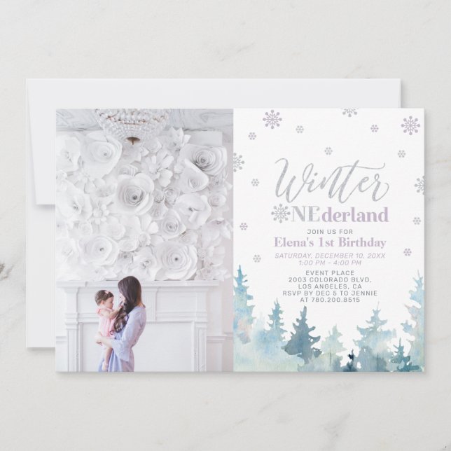 Invitation Winter Onederland Purple Girl 1er anniversaire Pho (Devant)