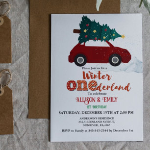 Invitation Winter Onederland Red Car avec Twin 1er Anniversai
