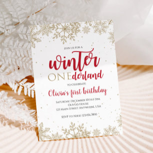 Invitation Winter Onederland Rouge 1er Anniversaire Flocons d