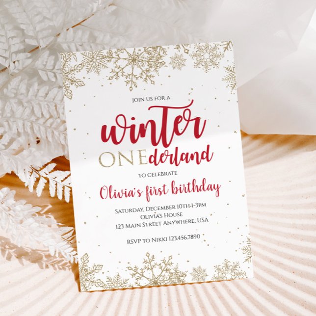 Invitation Winter Onederland Rouge 1er Anniversaire Gold Snow (Créateur téléchargé)