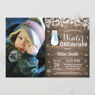 Invitation Winter Onederland Russe Penguin Boy 1er Anniversai