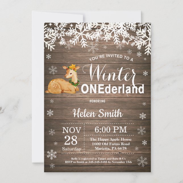 Invitation Winter Onederland Rustic Deer 1er anniversaire (Devant)