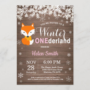 Invitation Winter Onederland Rustic Fox Girl 1er anniversaire