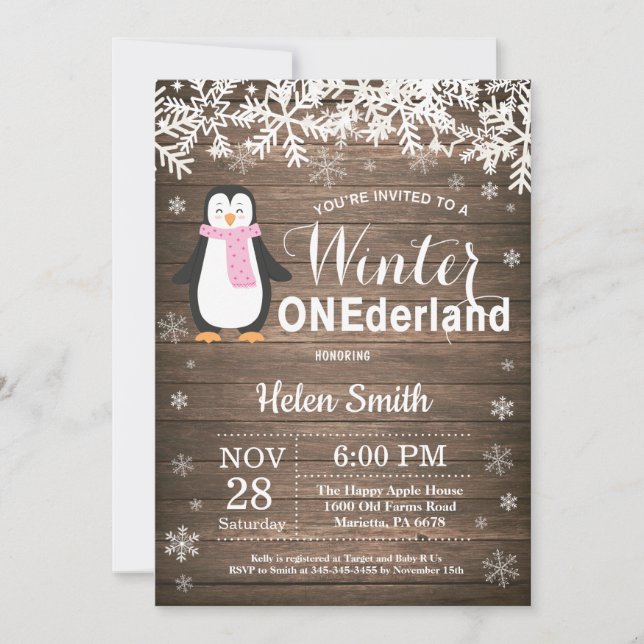 Invitation Winter Onederland Rustic Penguin Girl 1er Annivers (Devant)