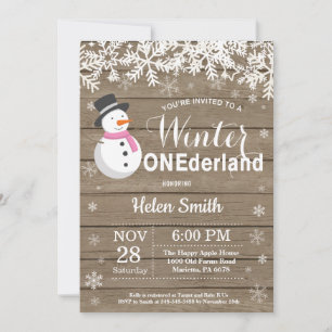 Invitation Winter Onederland Rustique Snowman Girl 1er annive