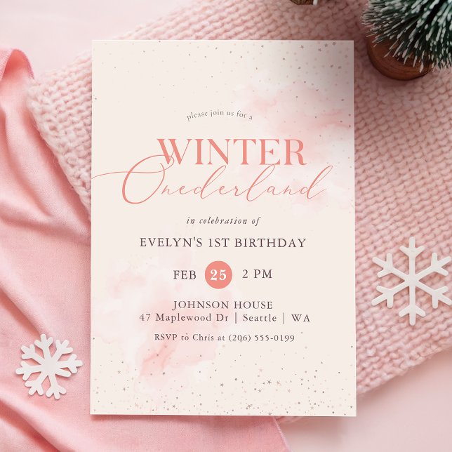 Invitation Winter ONEderland Silver Pink Glitter 1st Birthday (Créateur téléchargé)