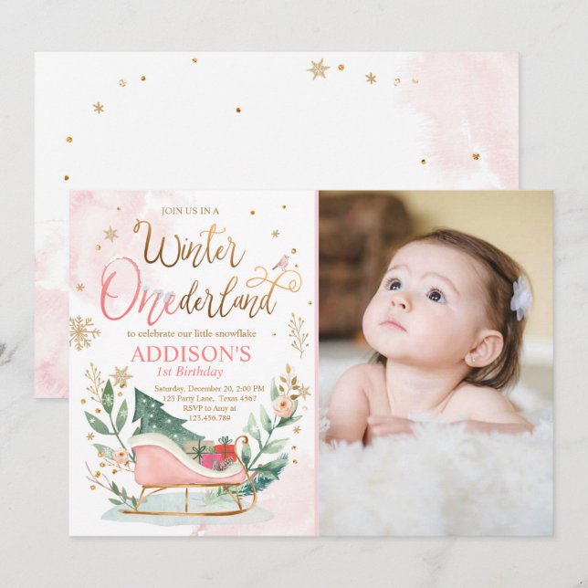 Invitation Winter Onederland Sleigh Pink Gold 1er anniversair (Devant / Derrière)