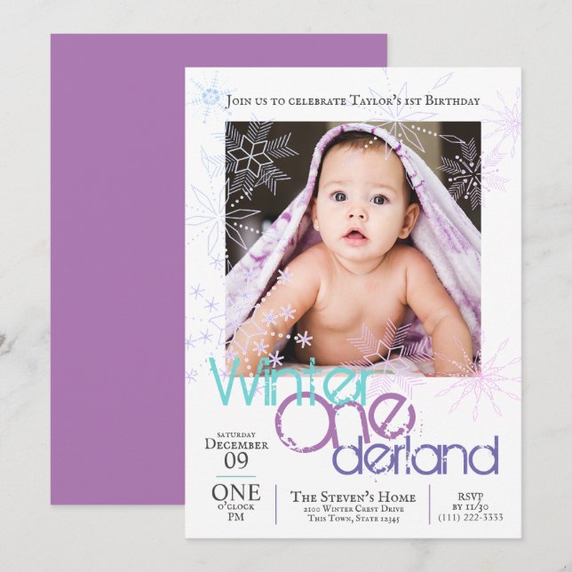 Invitation Winter Onederland Snowflakes 1er anniversaire de b (Devant / Derrière)